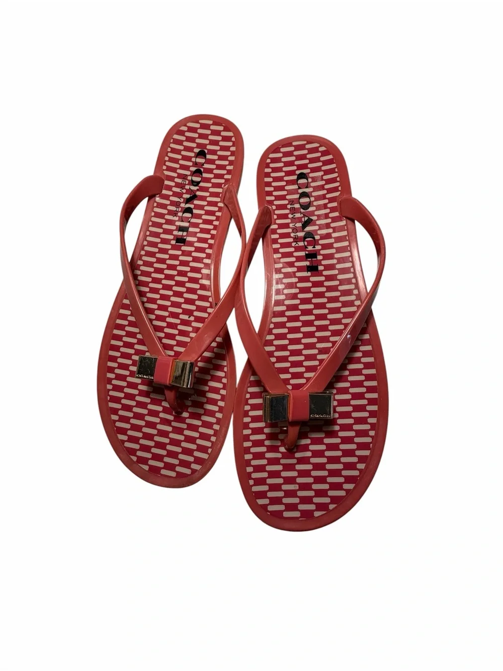 COACH Landon Jelly Flip Flops Coral with Gold Color Accent Bow Sz 8.5